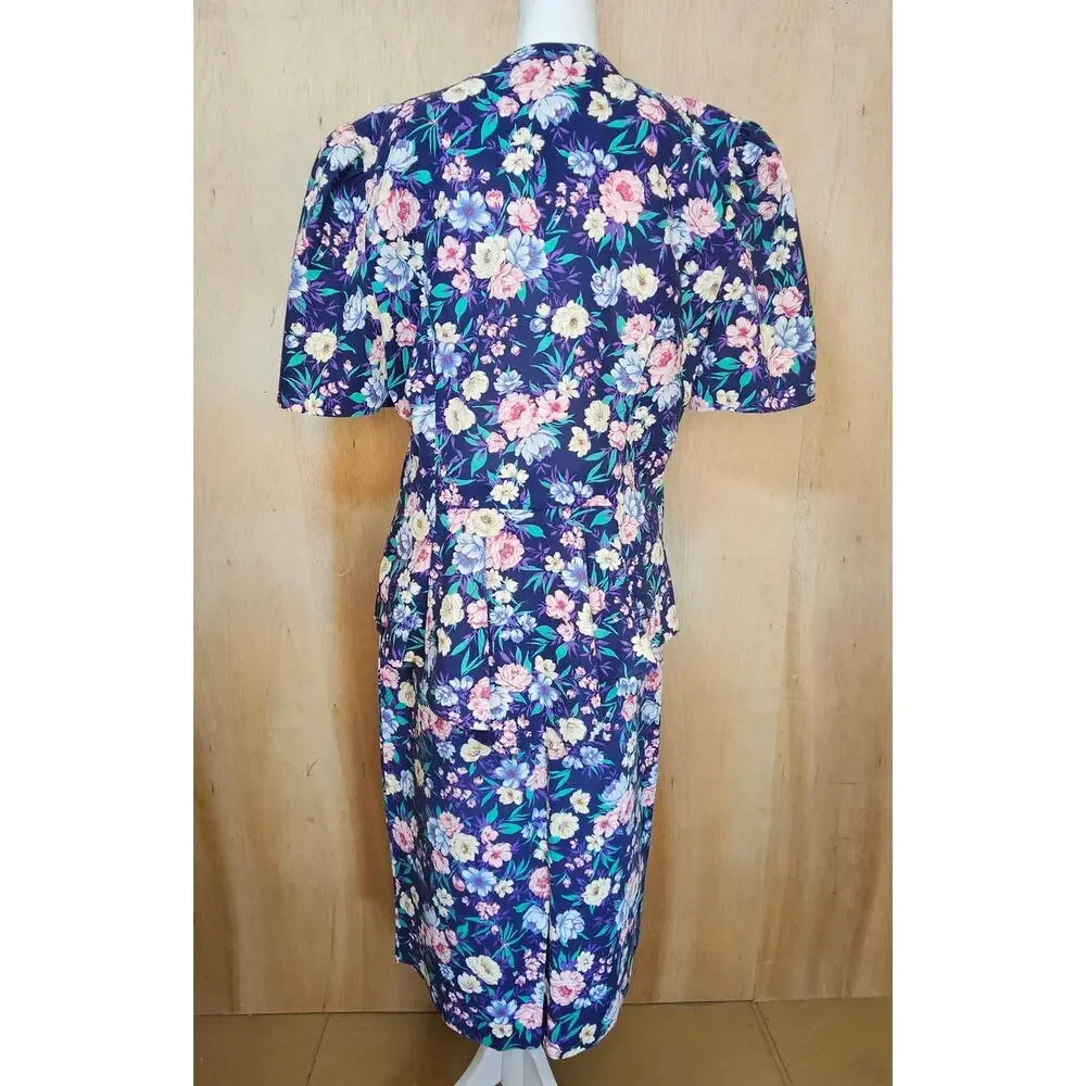 Periwinkle‎ Vintage 80s/90s Navy Blue Floral Skirt Set Made In U.S.A. Size 12